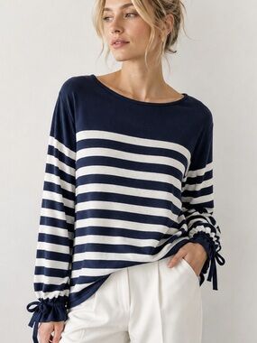 Zara Women’s Oversized Navy White Striped Light Knit Ribbon Sweater S